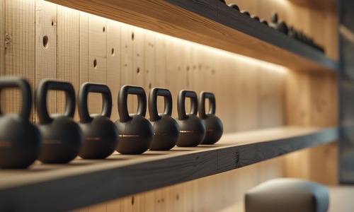 a wall with kettlebells