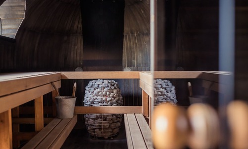a room with wooden benches